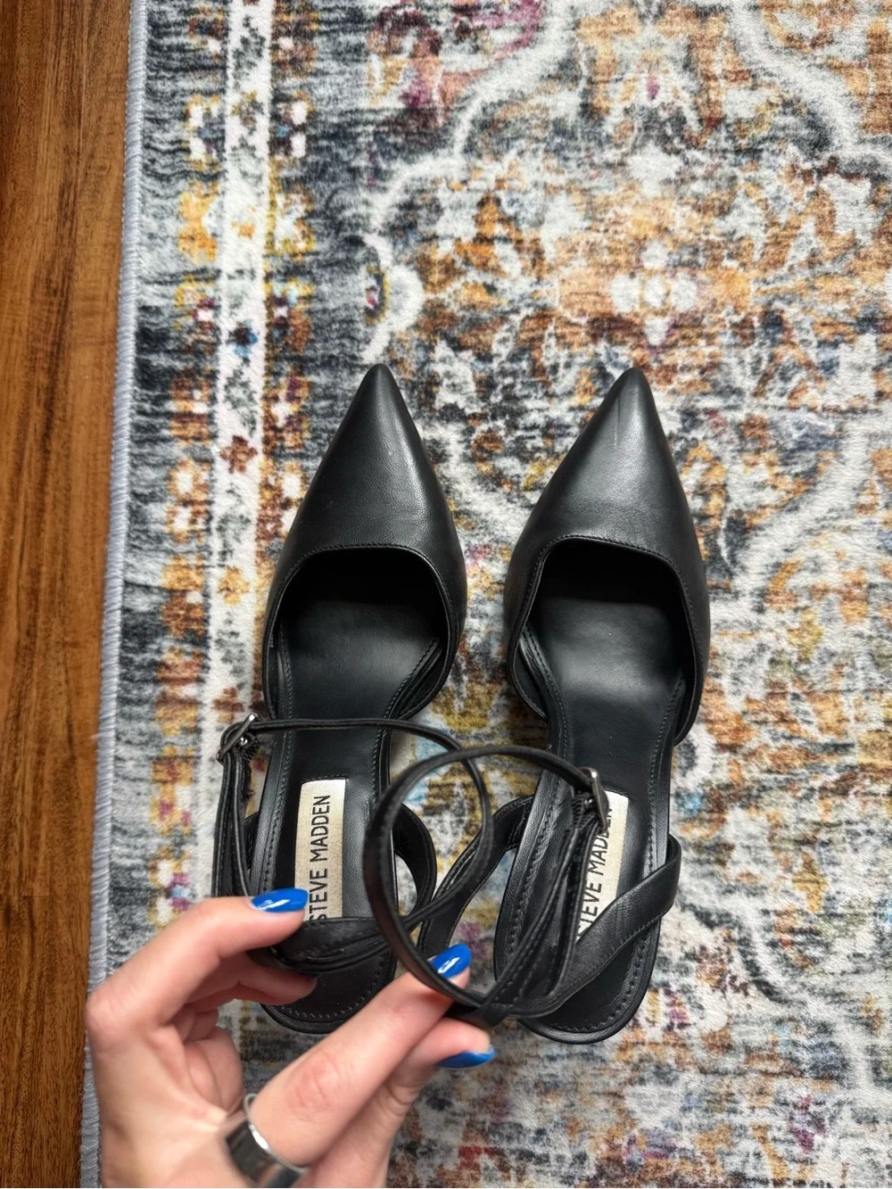 Steve Madden Black Pointed Ankle-Strap Pumps with Slim Heel